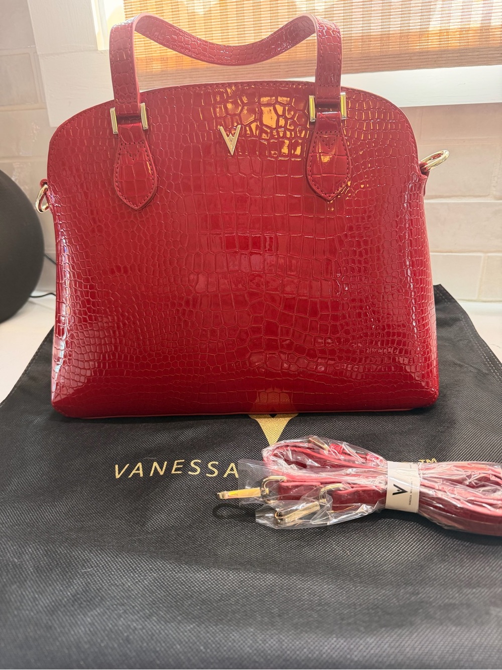 Vanessa Red Croc-Embossed Satchel with Top Handles
